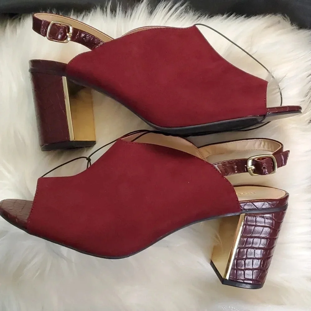 NEW Liz Claiborne Suede Like Burgundy,Gold and Textured Heel, Adjustable Buckle